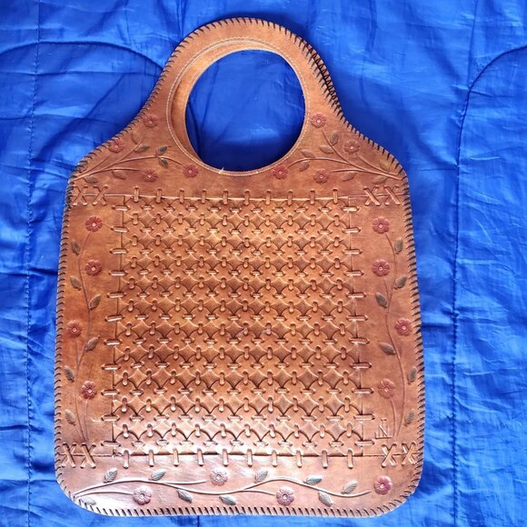 boutique Handbags - Handwoven Brown Leather Tote Bag with Floral Carving